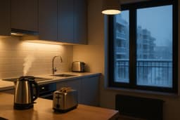 Lämminvesivaraajan ajastus pörssisähköllä – keittiö aamuyön hiljaisessa tunnelmassa, jolloin sähkö on edullisinta